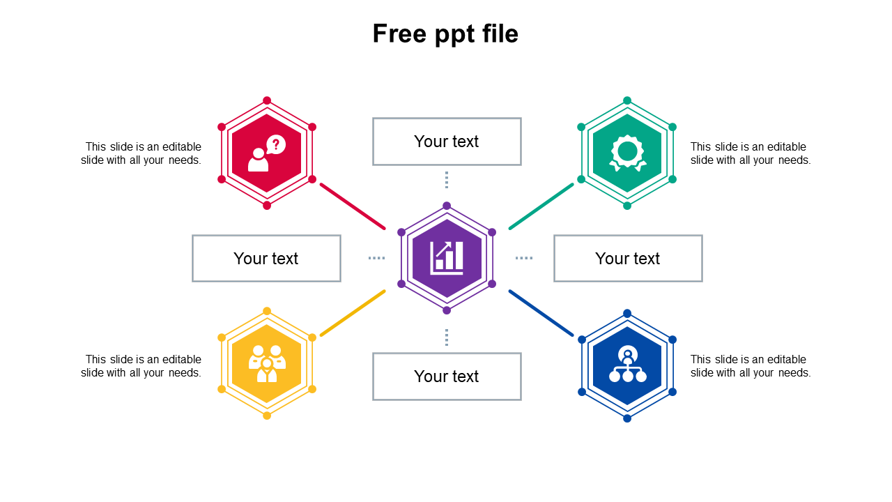 Slide with hexagonal icons in red, yellow, green, purple, and blue, connected by dotted lines, featuring business symbols.