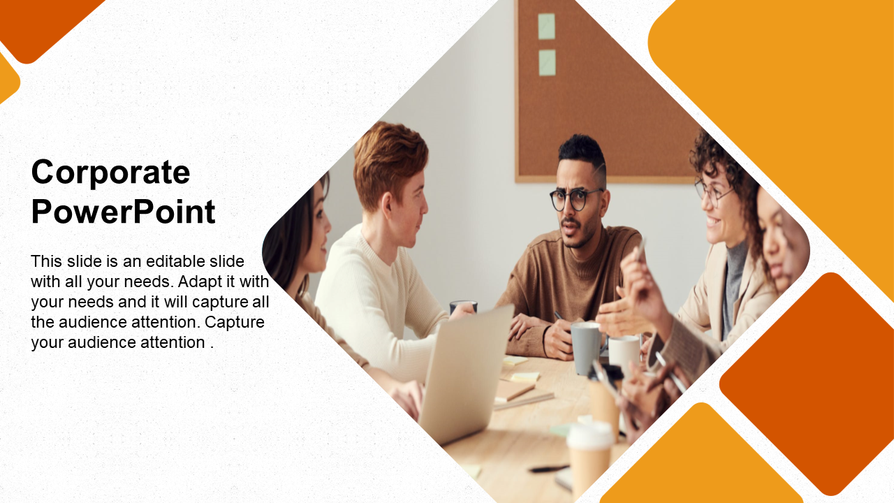 Corporate PowerPoint template featuring a diverse team engaged in a business discussion on an orange theme.