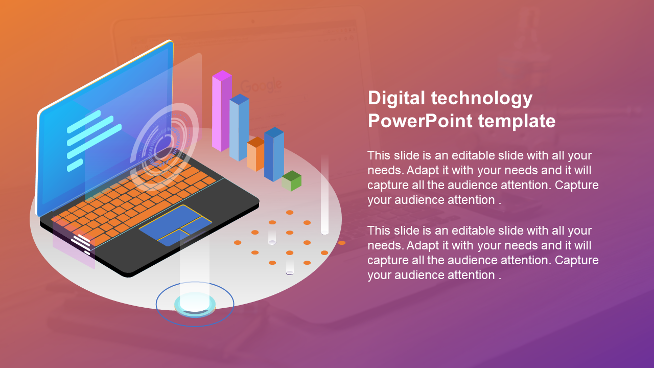 3D illustration of a laptop with a bright keyboard and colorful bars, on a gradient background from orange to purple.