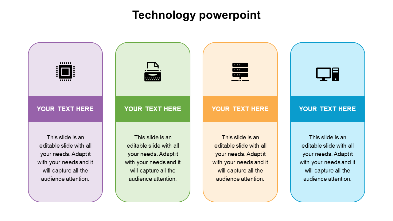 Technology PowerPoint template featuring four colorful vertical infographic sections with tech related icons.