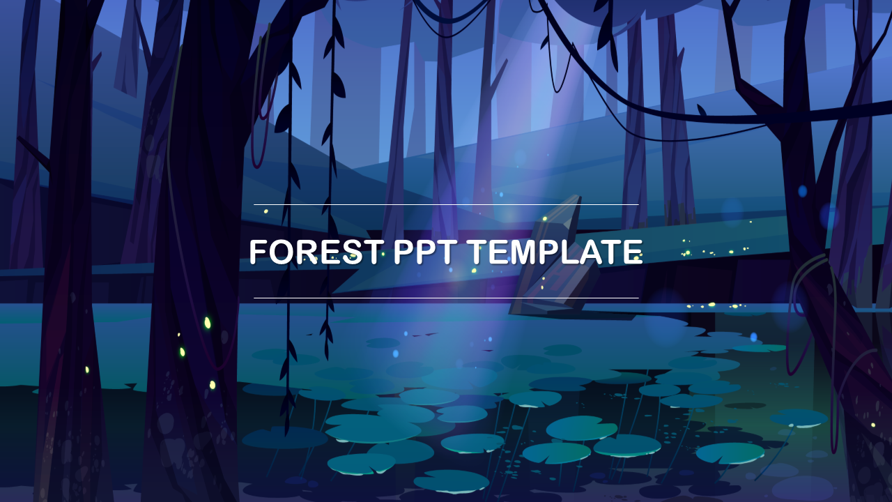 Forest scene with dark, vertical tree trunks, green lily pads floating on a pond, and faint glowing lights in the backdrop.