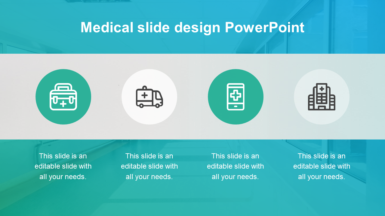 Medical PowerPoint template with four circular icons representing healthcare services on a modern blue background.