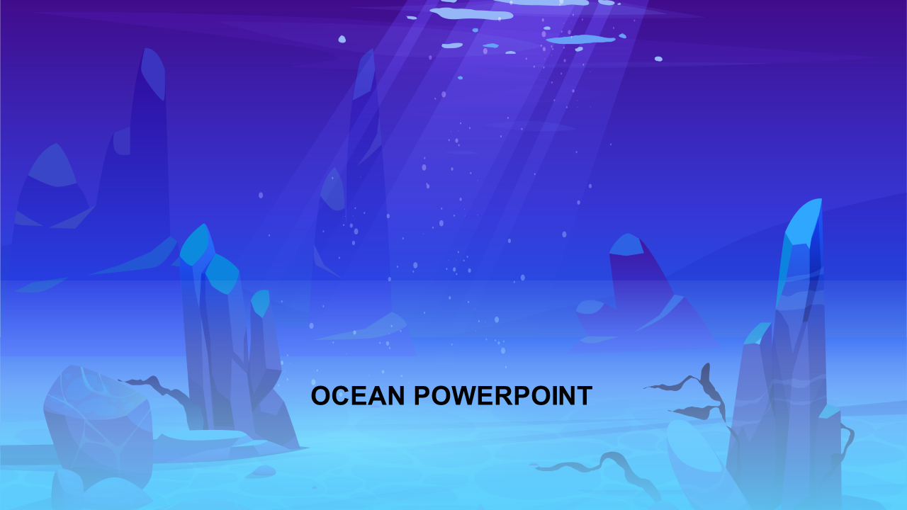 Ocean themed background with rock formations and light rays shining from the surface, featuring text at the bottom.