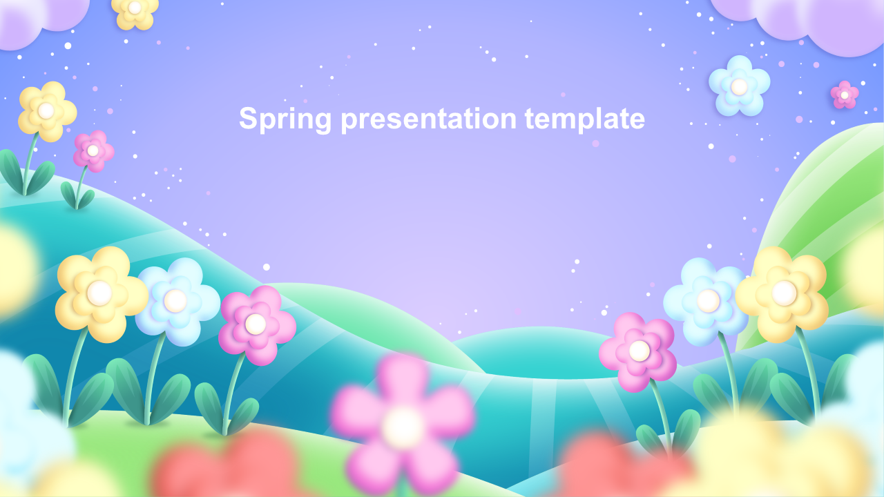 A pastel colored spring landscape with hills and blooming flowers under a bright sky with sparkles.