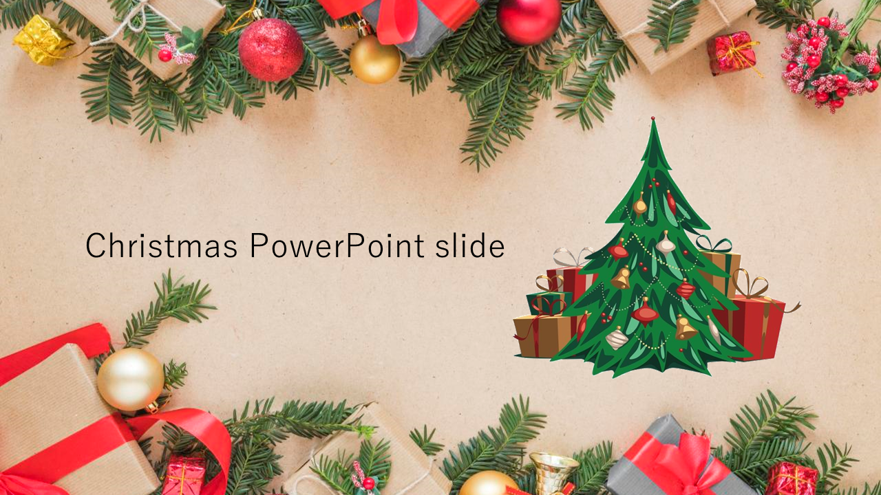 Christmas slide featuring a festive layout with a decorated tree and wrapped gifts.