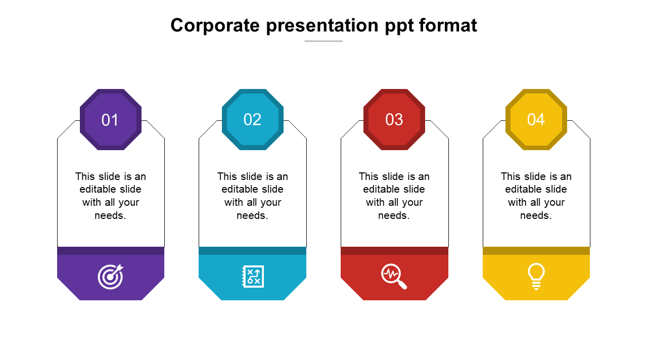 Corporate PPT slide four vertical infographic tags with numbered labels and colorful icons with placeholder text.