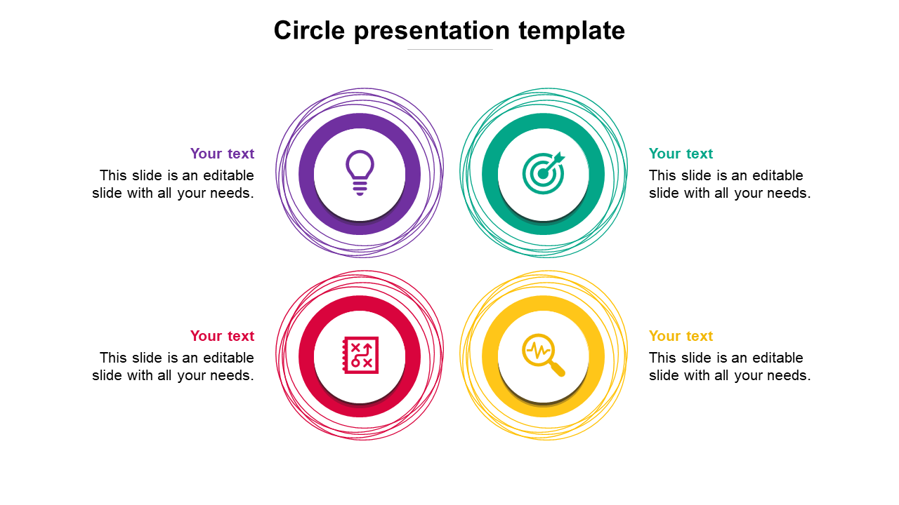 Colorful circular PowerPoint slide with four sections and business related icons with placeholder text on a white backdrop.