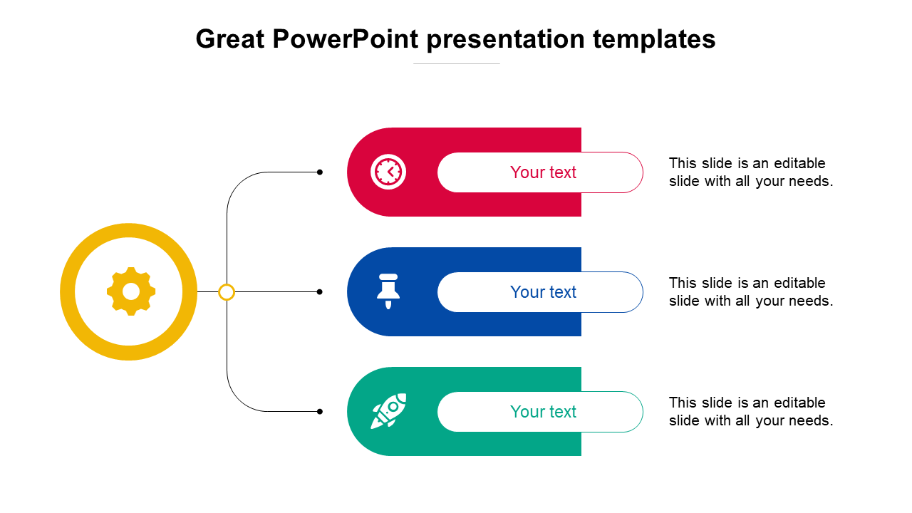 Great PowerPoint slide featuring three colorful sections with placeholders for text with icons.