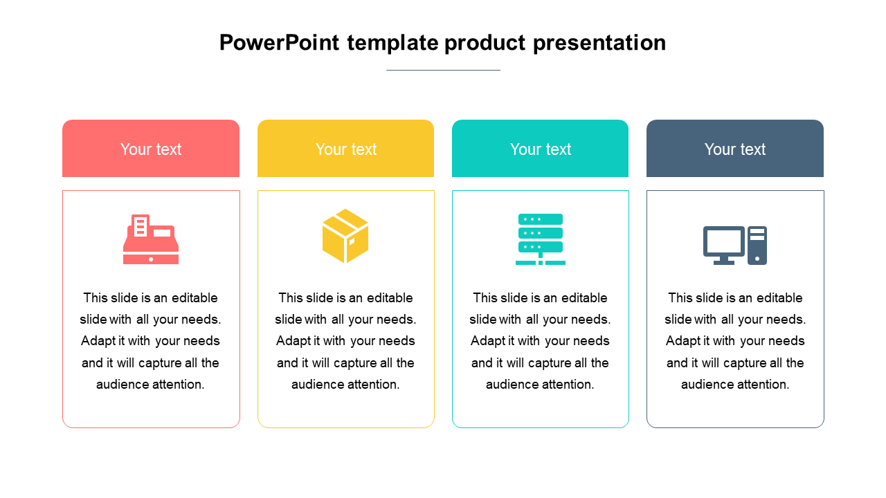 Horizontal arrangement of four colorful boxes in red, yellow, teal, and blue, each with a product related icon and text.