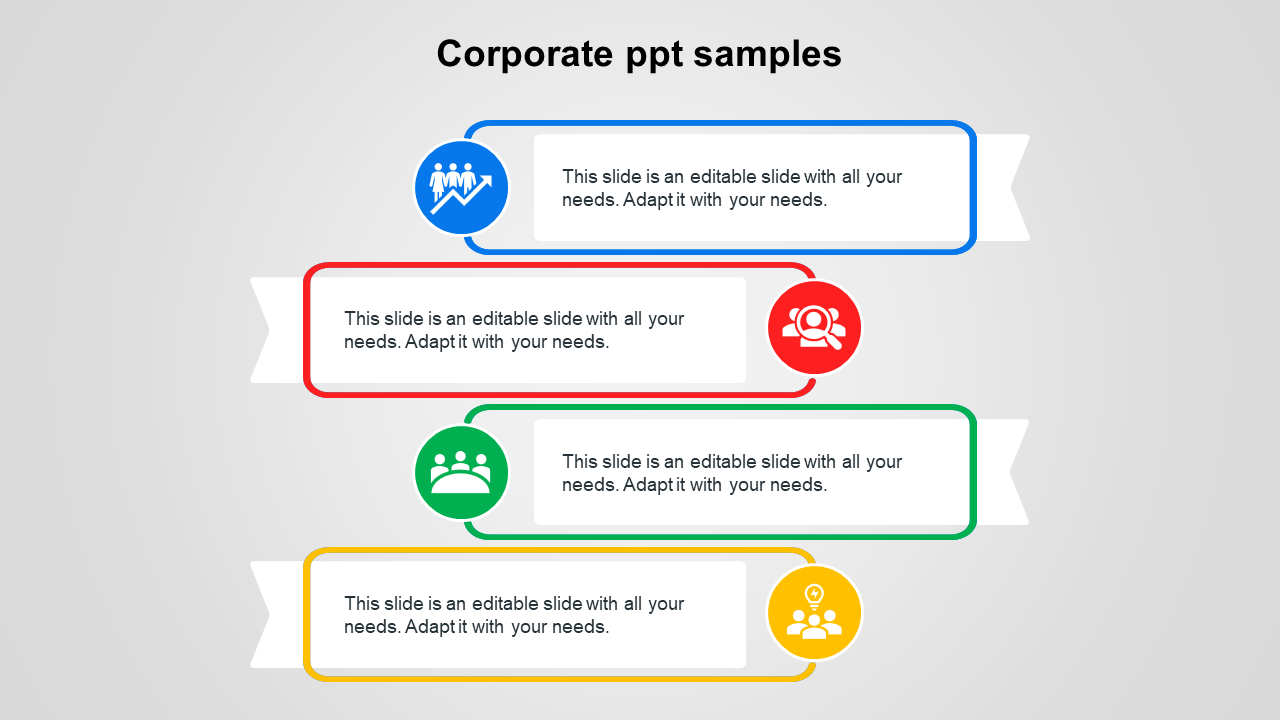 Corporate PowerPoint template with four colorful text boxes connected by curved lines, each featuring an icon.