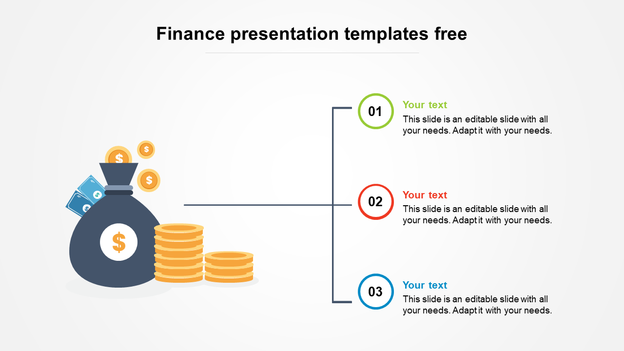 Finance themed slide with a money bag, stack of gold coins, paired with three numbered placeholders on the right.