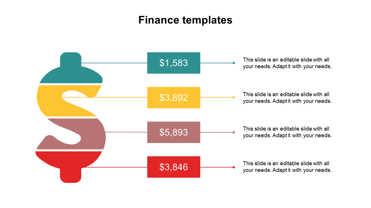 Dollar sign split into four sections in green, yellow, brown, and red, with financial amounts displayed horizontally.