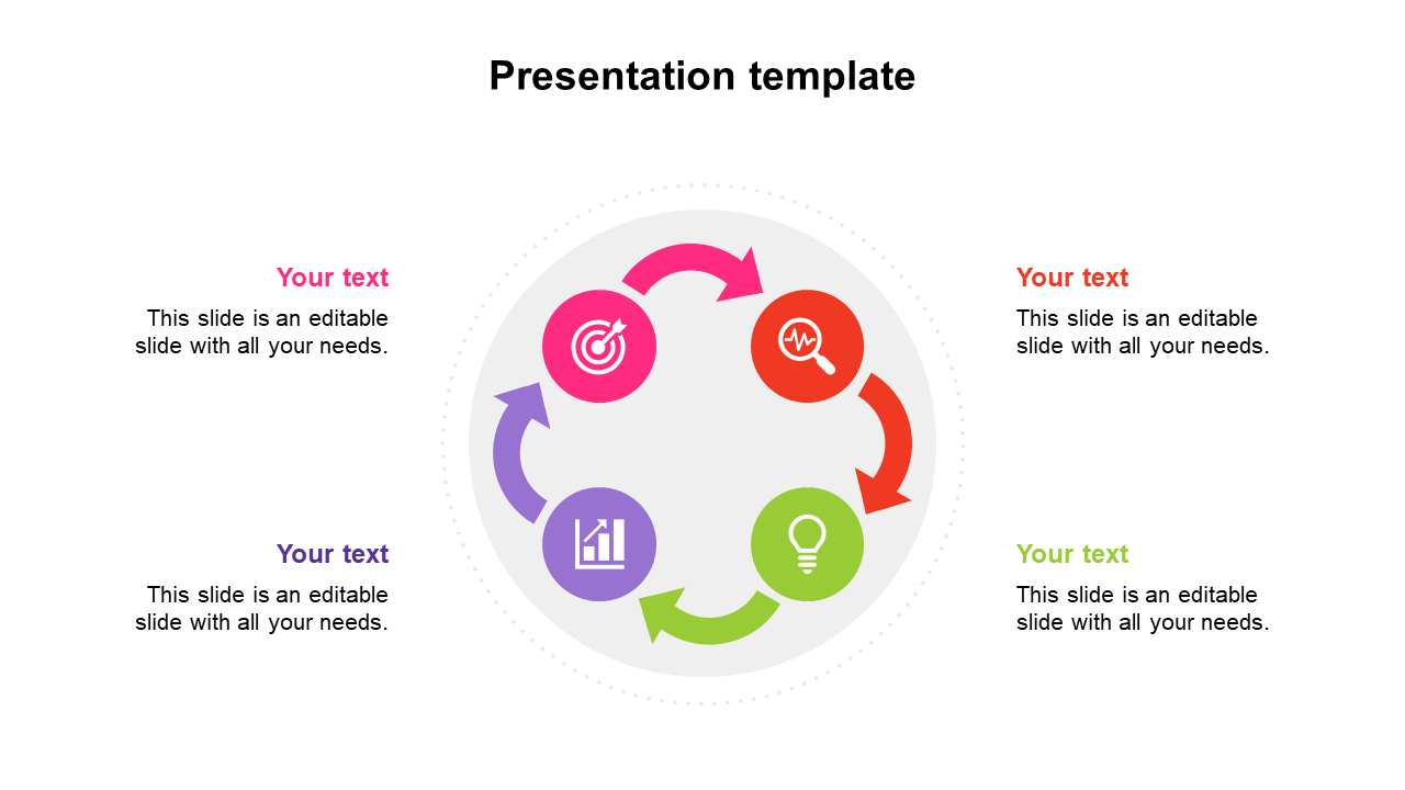 Circular process PPT infographic slide with four colorful arrows and icons with placeholder text on a white backdrop.