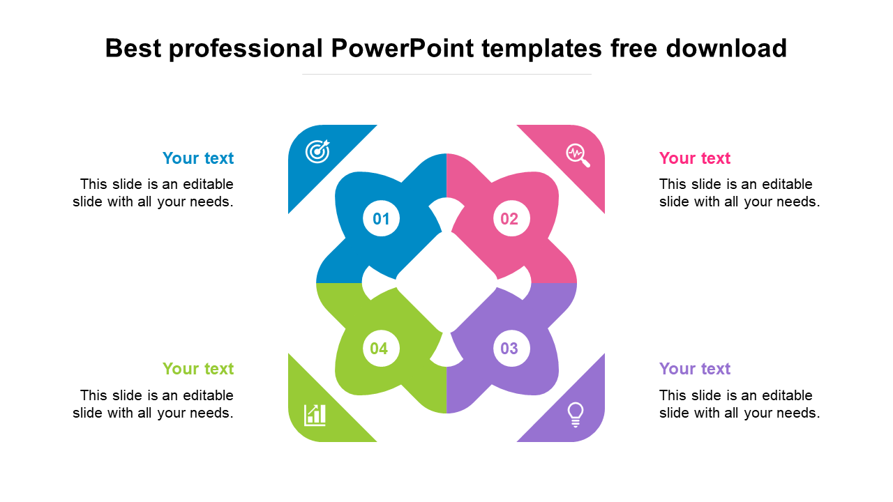 Four part floral design in blue, pink, green, and purple with numbered sections and icons, surrounded by text boxes.