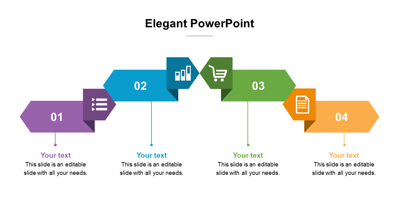 Modern PowerPoint infographic with four colorful arrow steps, icons, and text placeholders on a white backdrop.