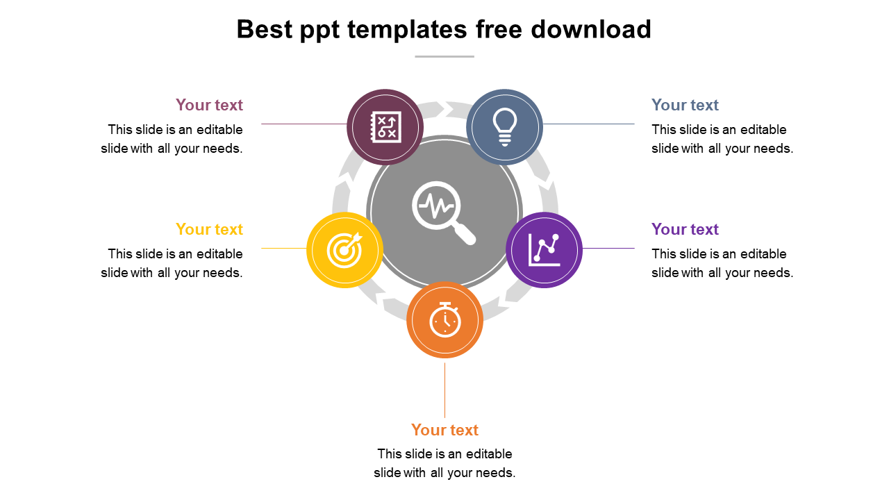 Best slide design showcasing a circular flow diagram with five colored sections, each featuring an icon and placeholder text.