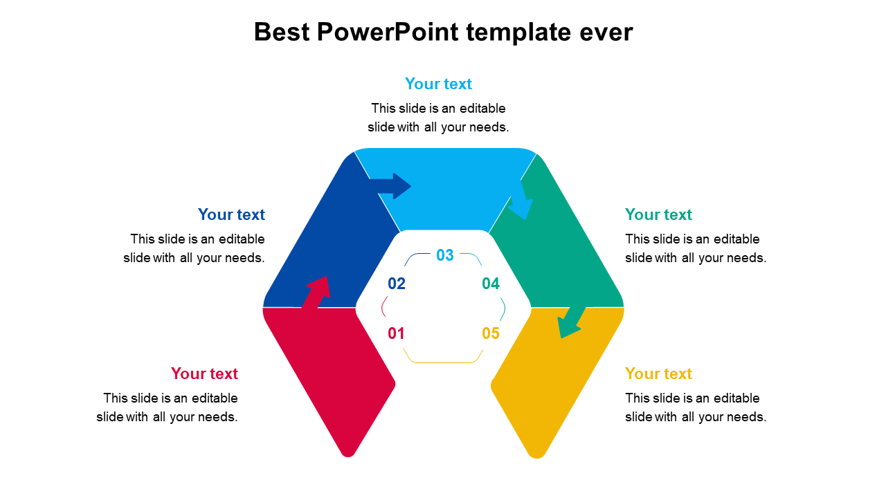 Best hexagonal PowerPoint infographic slide with five colorful arrow segments and text placeholders.