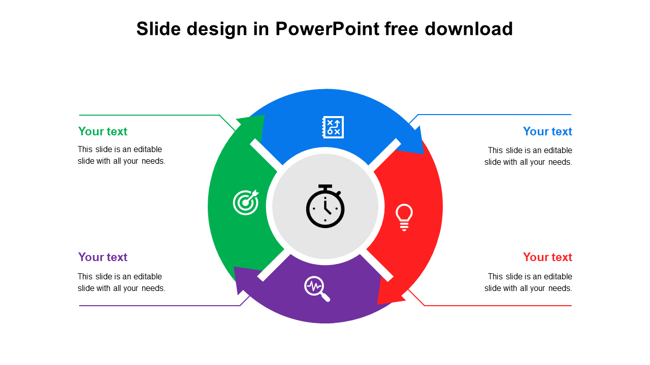 Circular layout with four colored arrows in green, blue, red, and purple, featuring icons and a central clock symbol.