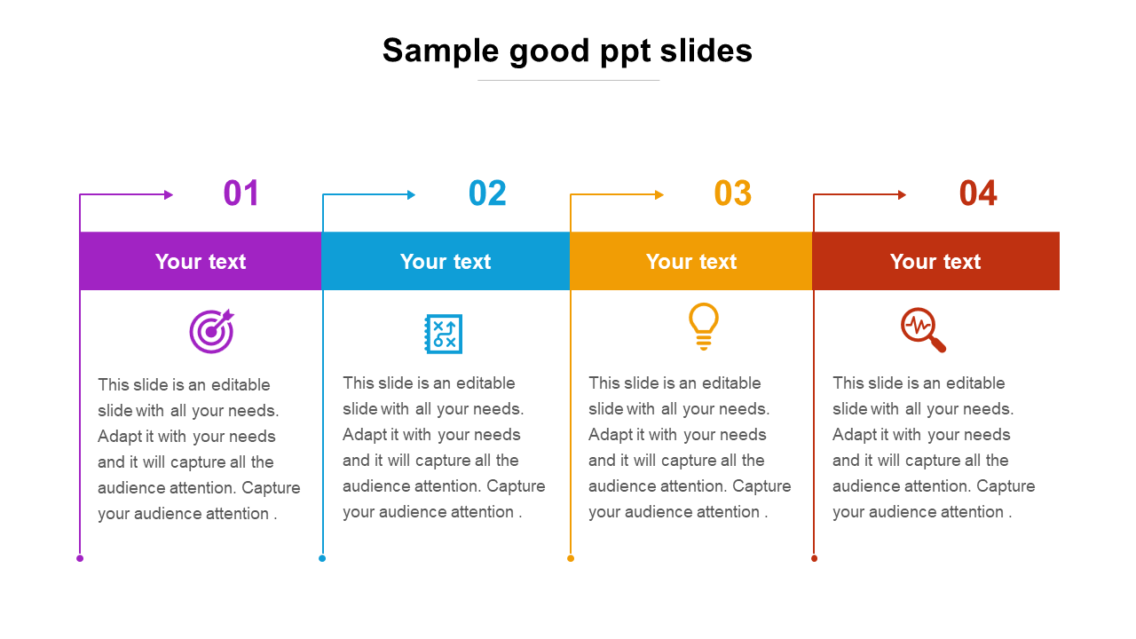 Slide featuring four colorful blocks in purple, blue, orange, and red, each with corresponding icons and text placeholders.