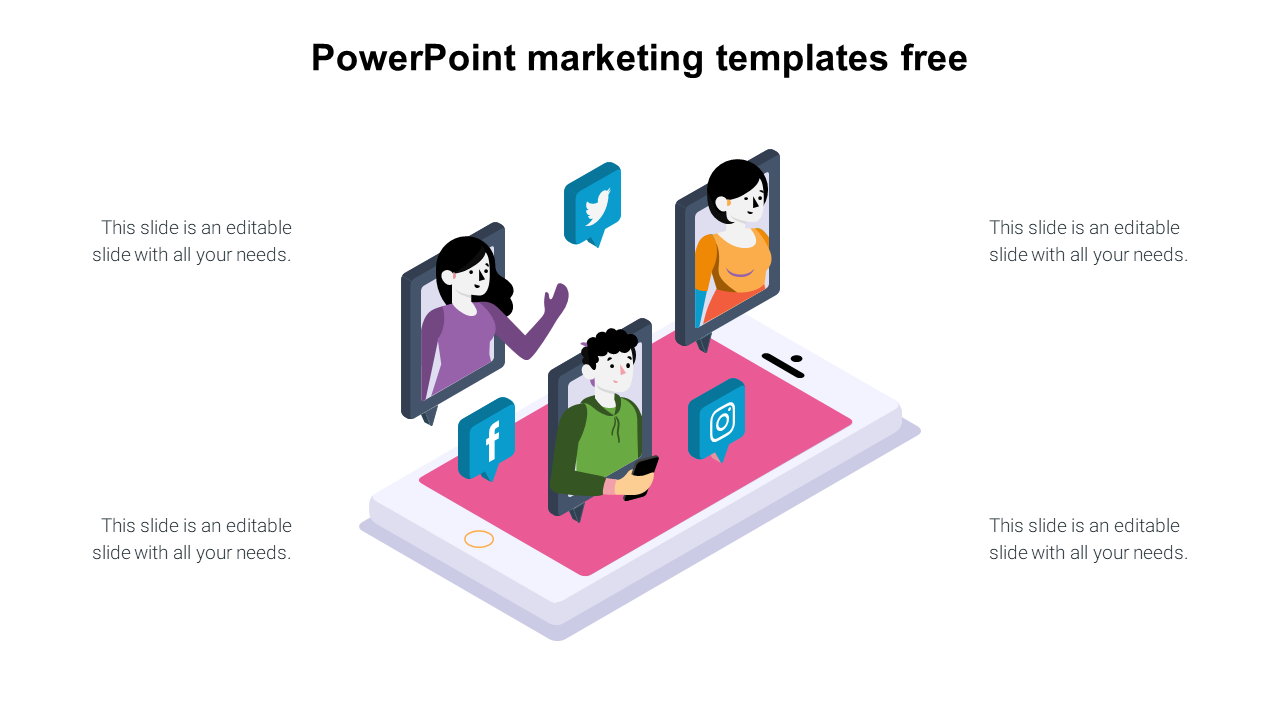 Marketing PowerPoint template featuring social media icons and digital networking visuals with placeholder text.