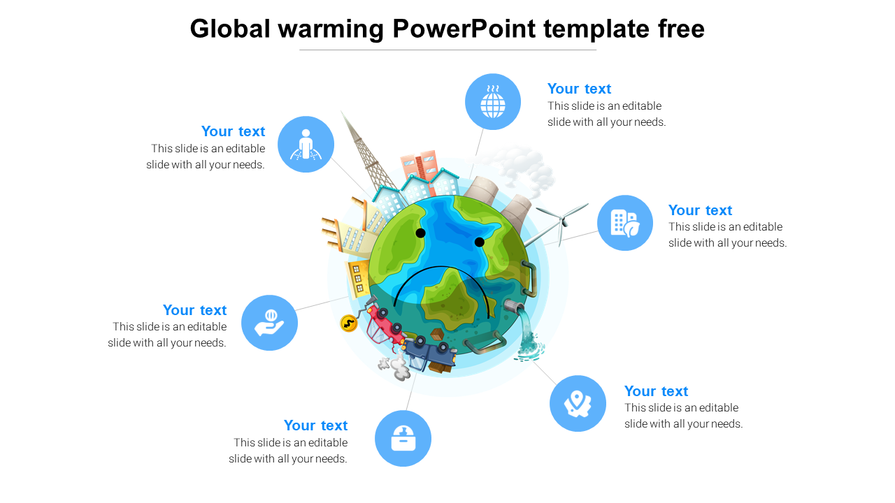 Global warming slide illustration of a colorful sad Earth surrounded by pollution and text icons.