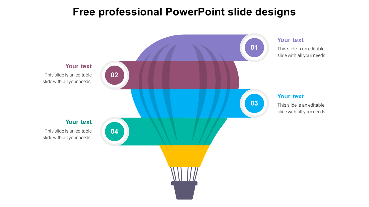 Slide featuring a hot air balloon with four horizontal sections in purple, brown, blue, and teal, with numbered labels.