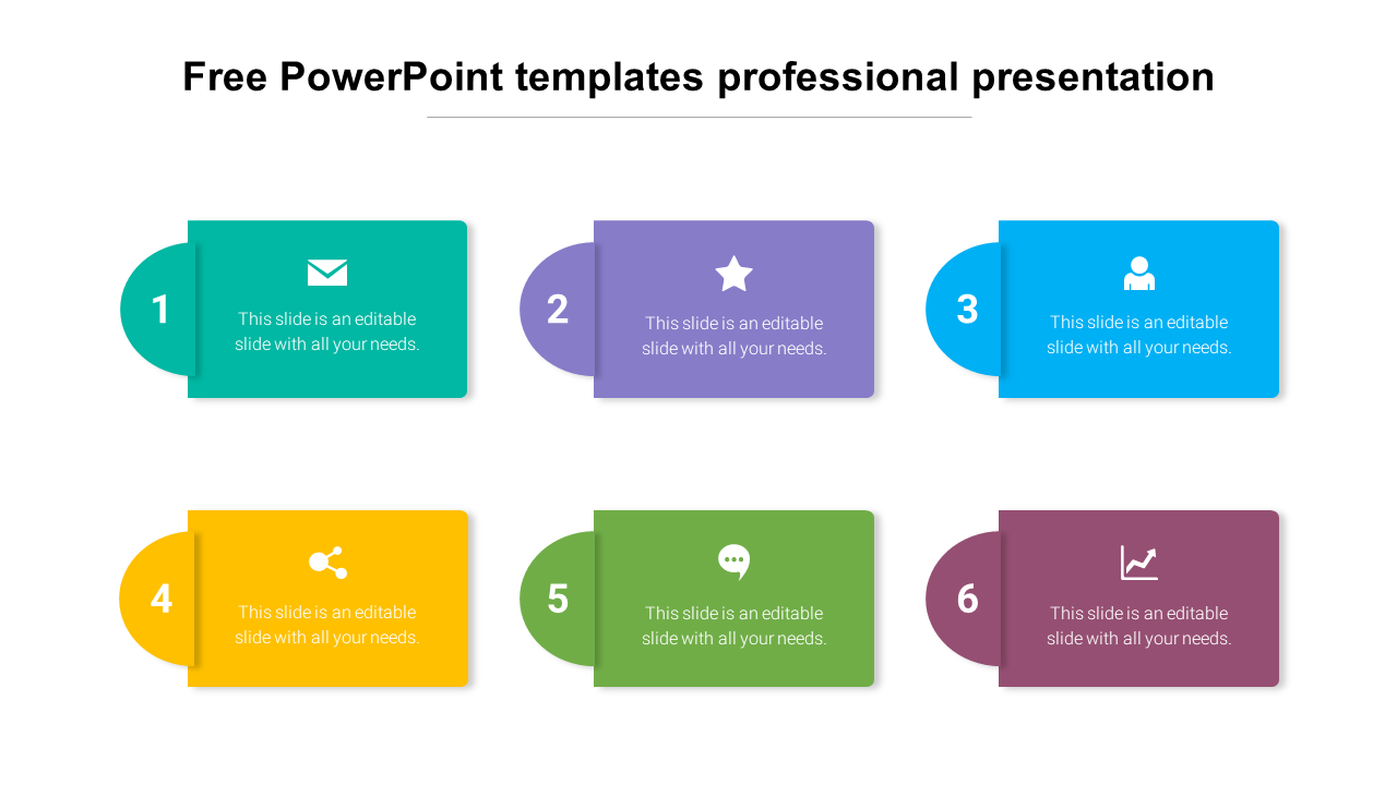 Free professional slide featuring six colorful, numbered tabs and icons with text area.
