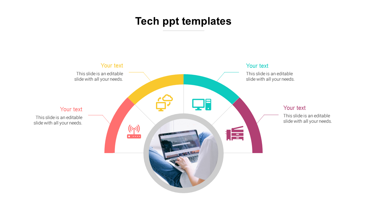 Tech-themed slide with a person using a laptop at the center, surrounded by icons representing cloud computing.