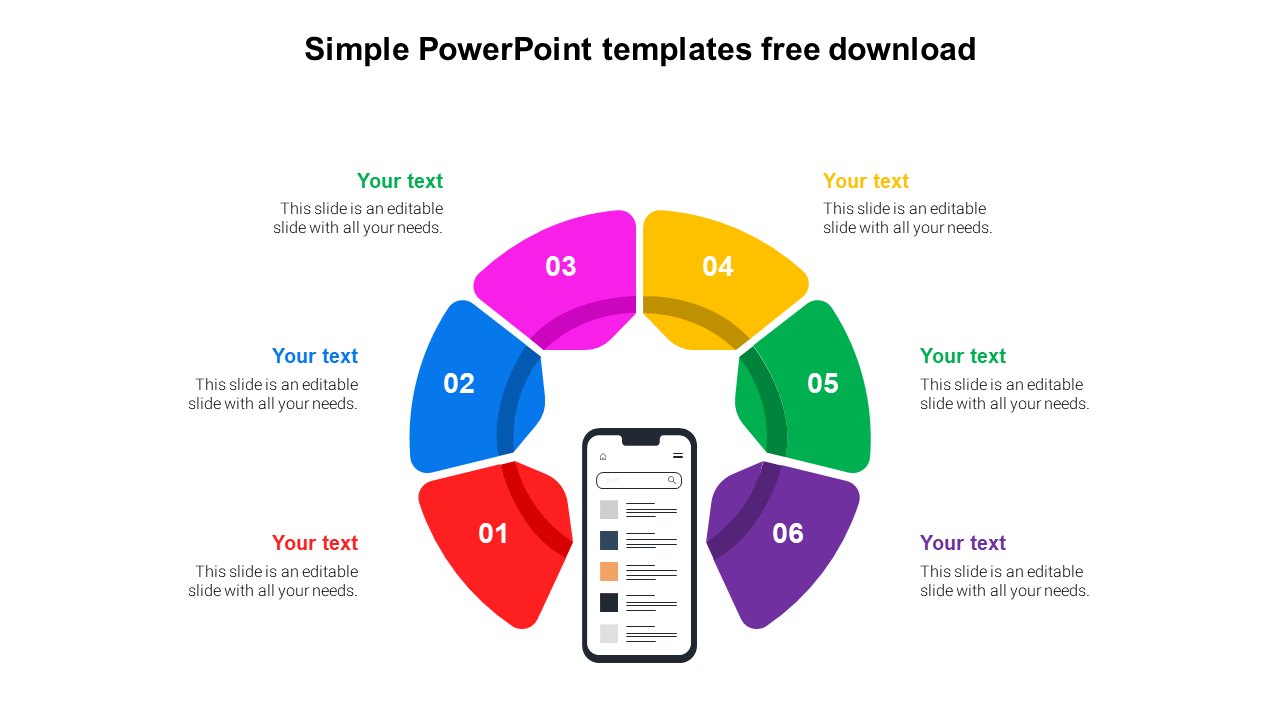 Circular infographic with six sections and a smartphone in the middle, each segment containing a placeholder for text.