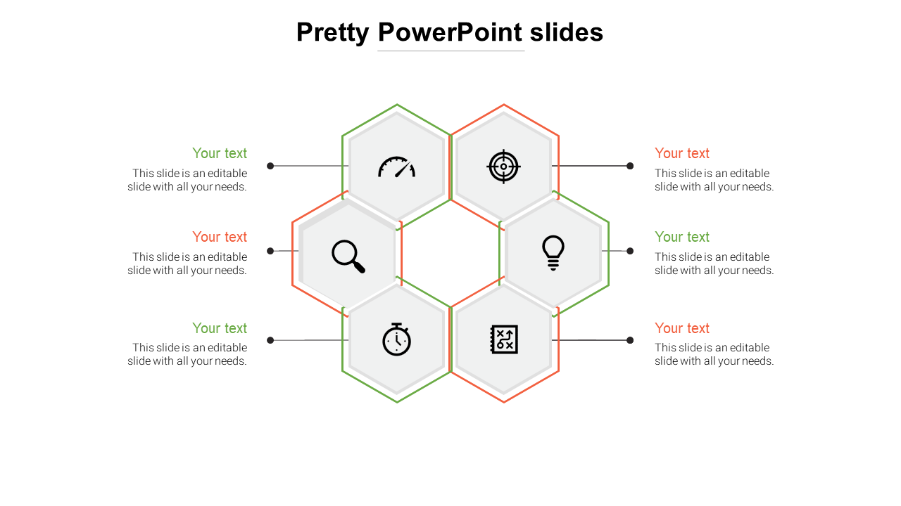 Slide featuring six gray hexagonal shapes with red and green outlines, and icons in the center and text placeholders.