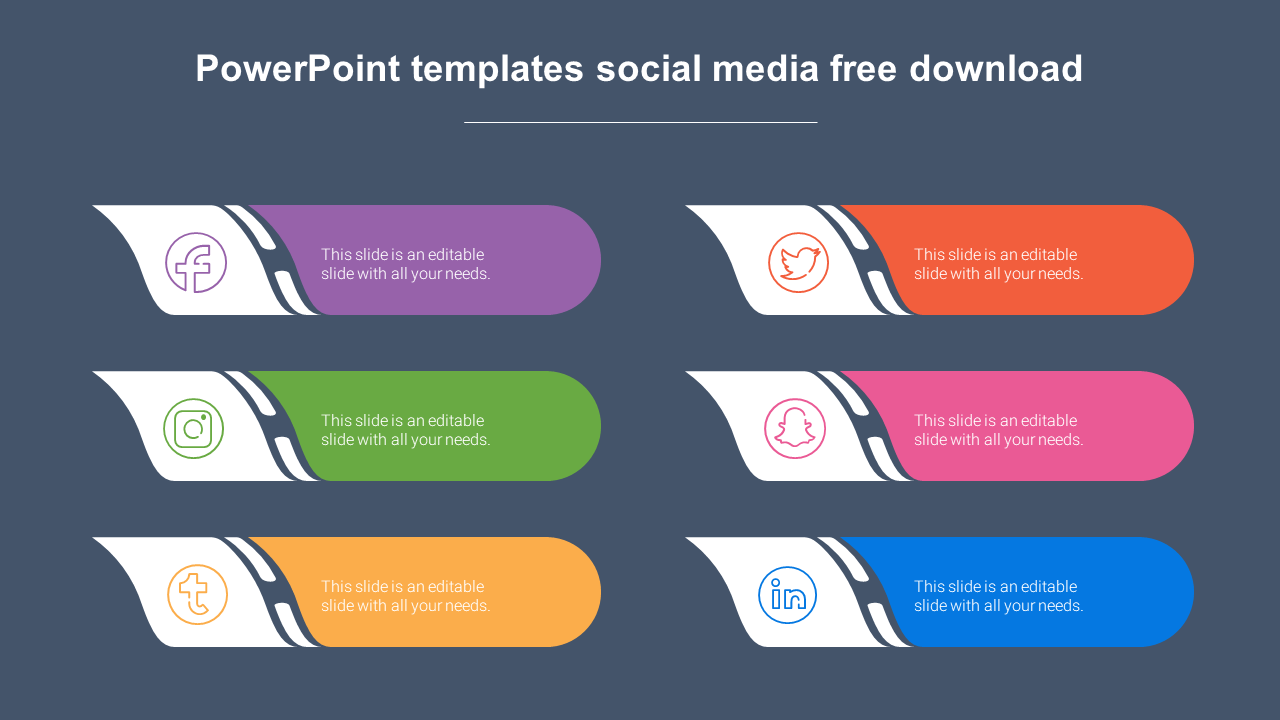 Social media PowerPoint slide with icons for Facebook, Twitter, Instagram, and more, including text sections.