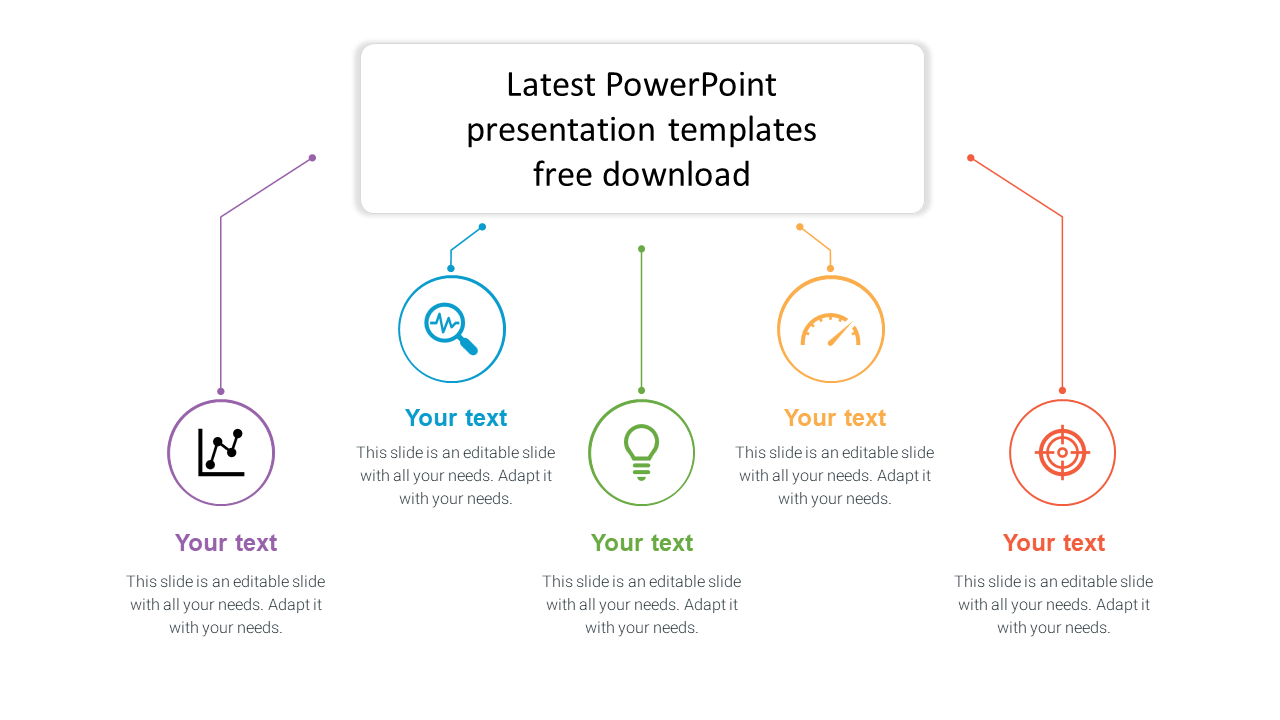 A template featuring five visual elements graph, search, idea, performance, and goal with placeholder text areas.