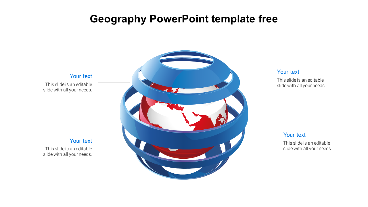 Geography PPT slide showing a spherical earth model with blue rings surrounding a red and white globe with text area.