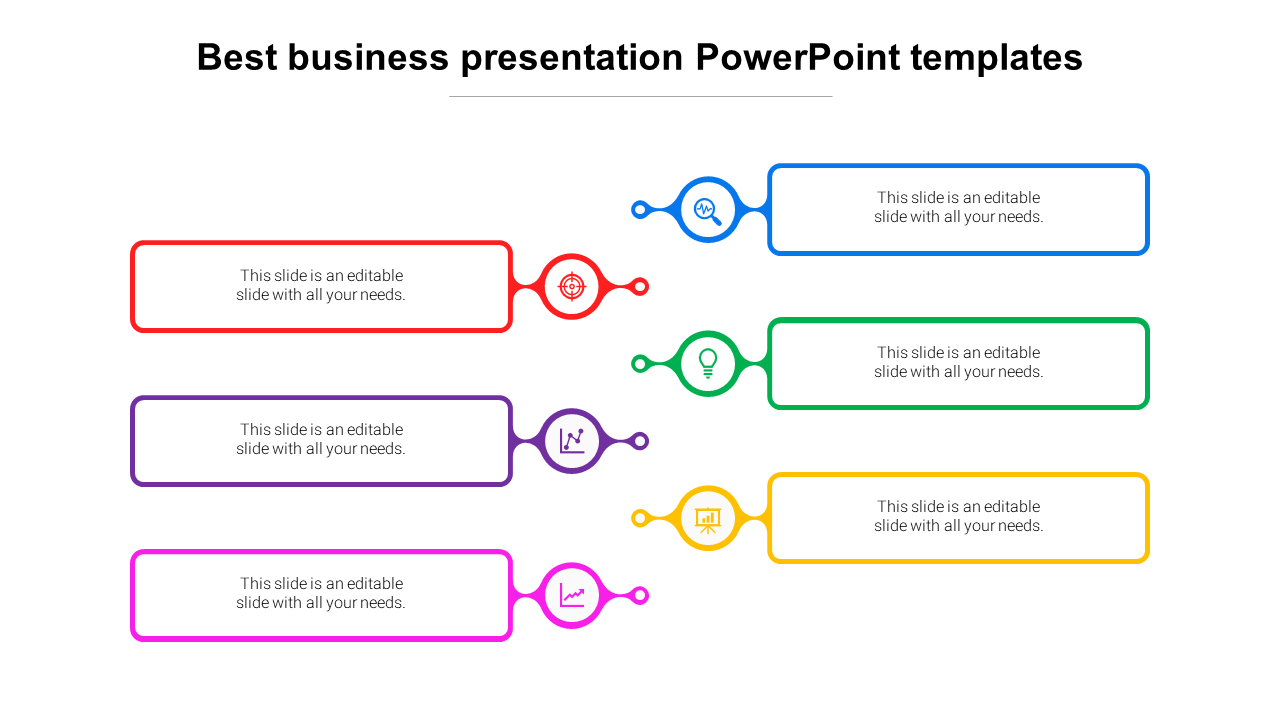 Business slide with six colorful boxes in blue, red, green, purple, yellow, and pink, with icons and arranged vertically.