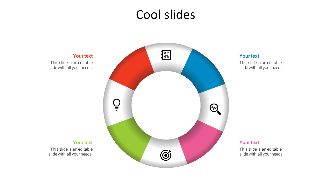 Circular infographic PPT slide with four colorful segments and business icons with placeholder text.