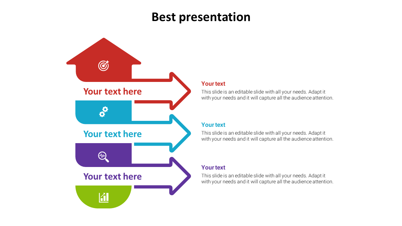 Slide with five colored arrows in red, blue, purple, and green, pointing right, each containing icons and text placeholders.