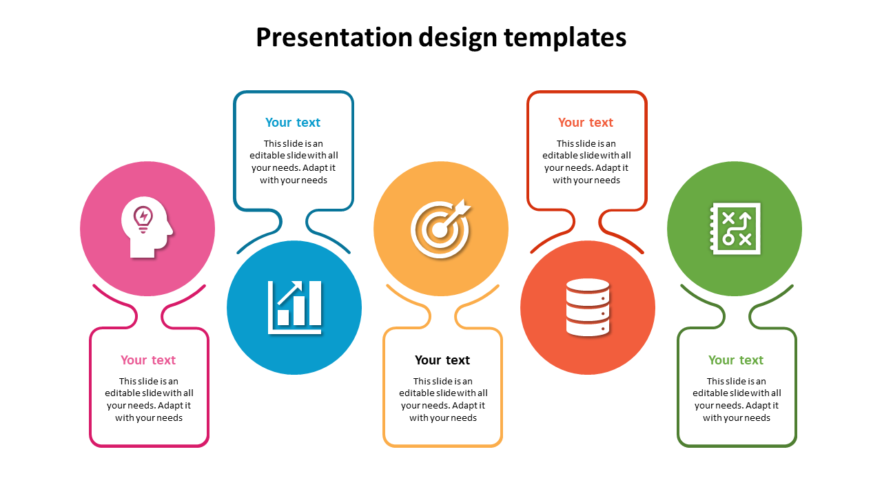 Colorful infographic PPT slide with business icons and text placeholders for creative presentations on a white backdrop.