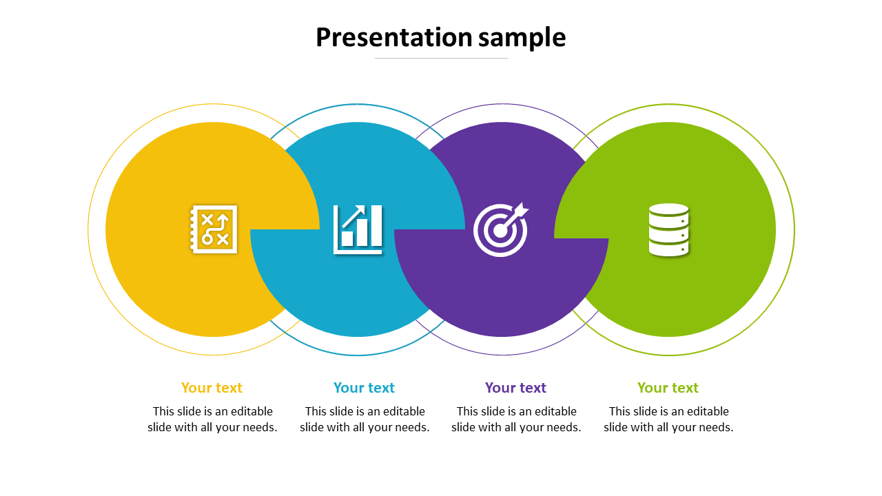 Modern sample PowerPoint slide with four overlapping colorful circles featuring business icons with placeholder text.