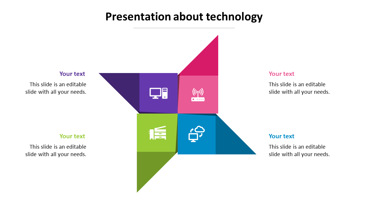 Technology themed PowerPoint slide with a colorful geometric design and digital icons with placeholder text.