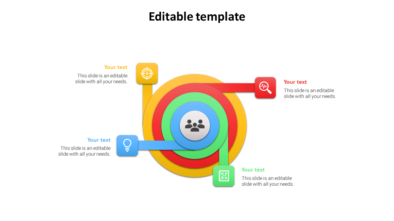 Multi layer circular infographic with four colored sections and icons with placeholder text on a white backdrop.