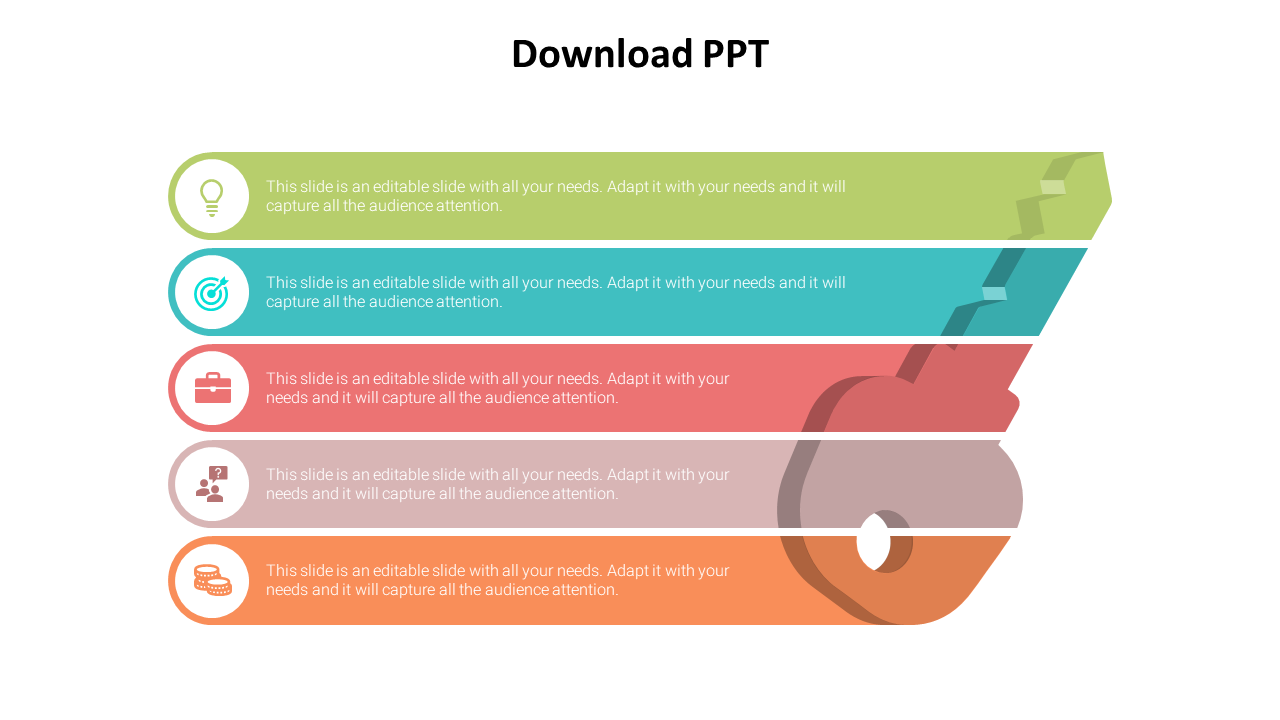 Illustrative funnel diagram in five sections with gradient-colored layers and icons for creative and business themes.