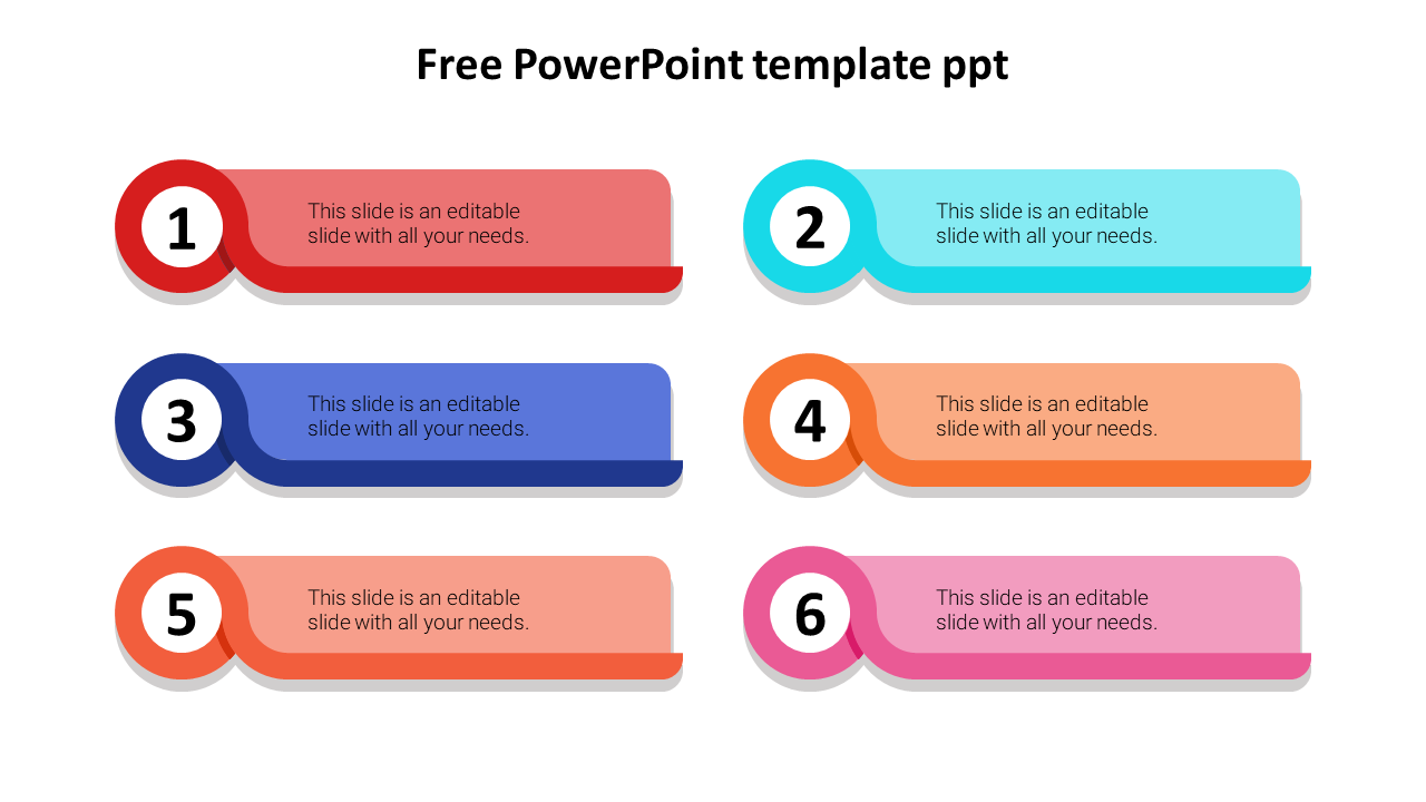 Bright and colorful numbered list template with six sections, each containing text placeholders for outlining key points.