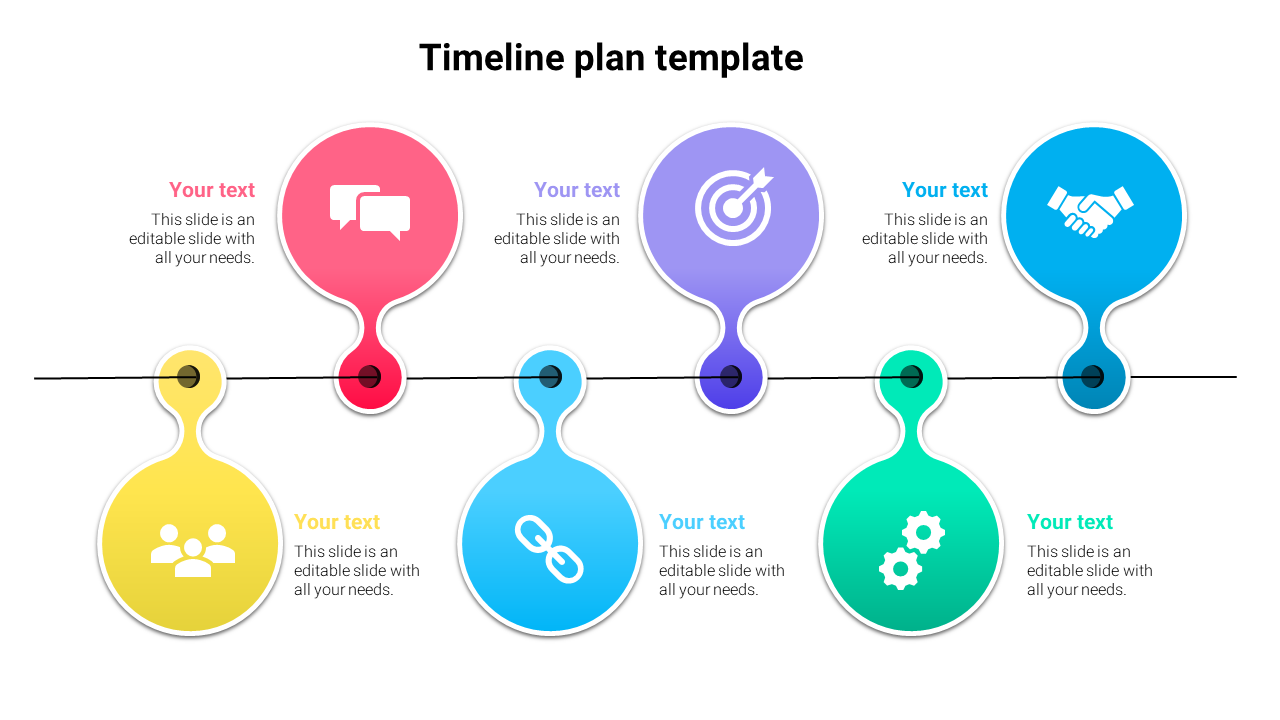 Timeline with round bubble icons in yellow, red, teal, purple, gteen, and blue, displaying steps across a horizontal line.