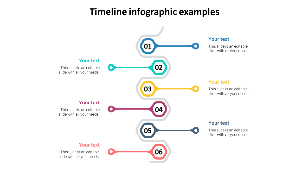 A vertical six-step timeline infographic with colorful number markers from 01 to 06, each connected to text placeholder.