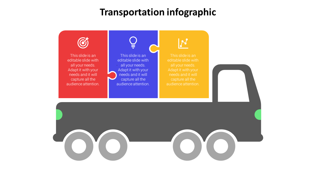 Illustrated truck infographic with three colored boxes, representing various stages or categories of transportation information,