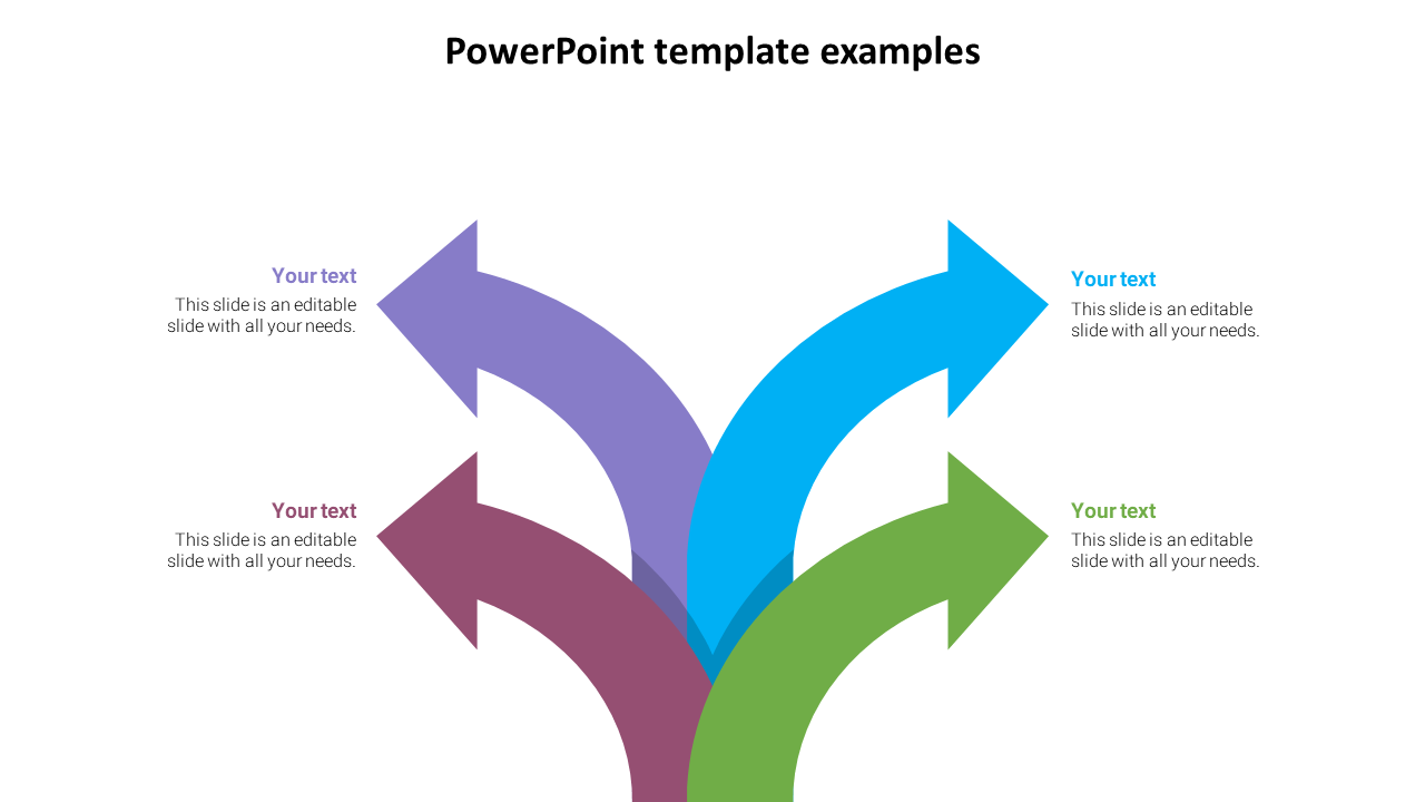 Four curved arrows in purple, blue, green, and red, diverging from a central point, each containing text areas.