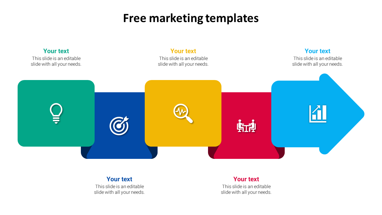 Marketing template slide featuring five colorful blocks with icons arranged in a linear sequence ending with an arrow.