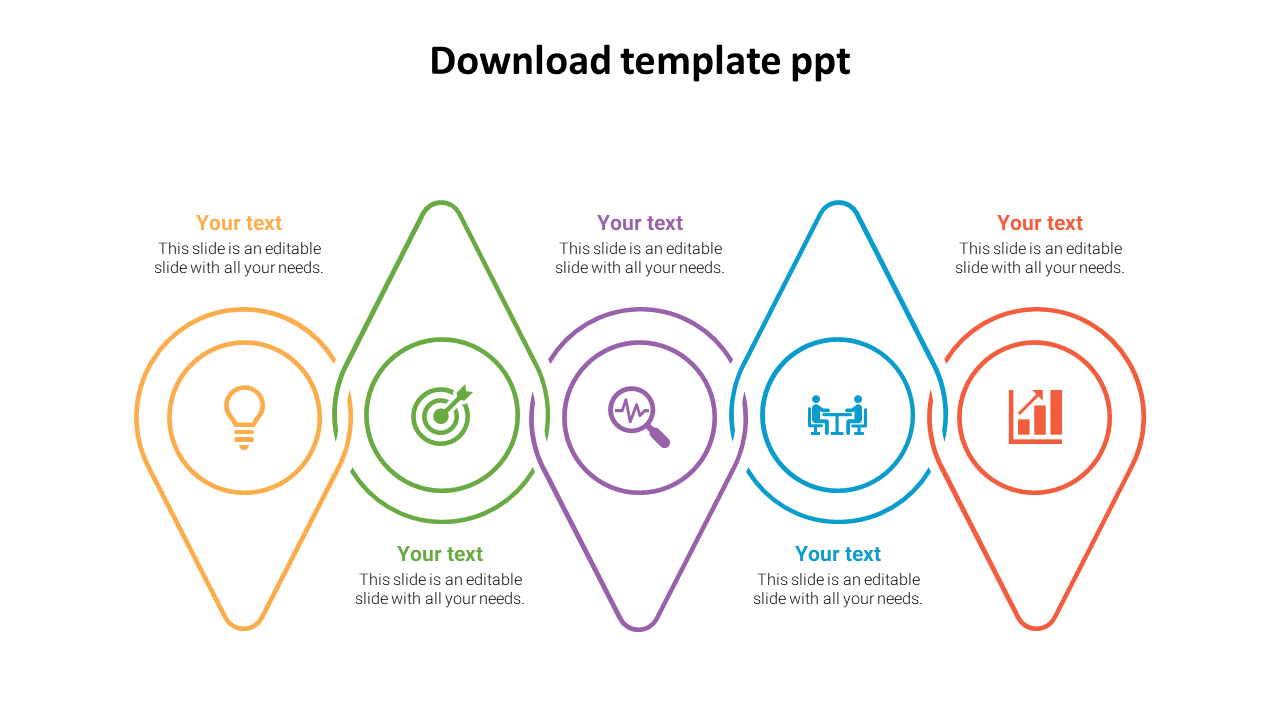 A colorful PowerPoint slide with five icons, each accompanied by a text section on a white backdrop.