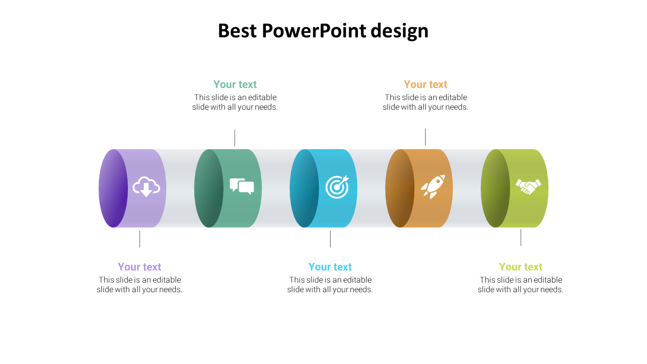 Horizontal arrangement of five cylindrical segments in purple, teal, blue, yellow, and green with icons and captions.