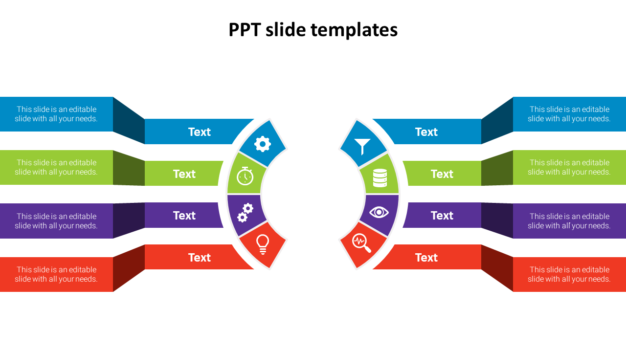 A PowerPoint template with a circular flow and colorful sections, each containing icons and text areas on a white backdrop.